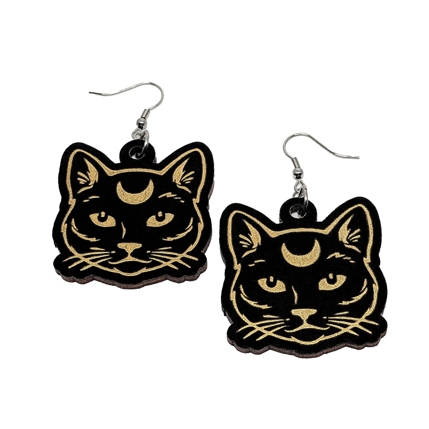 Wooden Moon Kitty Dangle Earrings