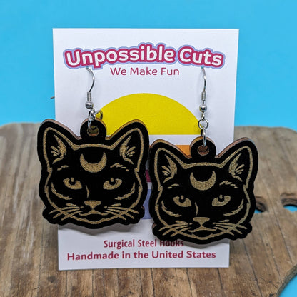 Wooden Moon Kitty Dangle Earrings