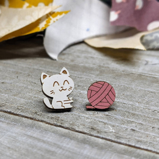 Wooden Cat and Yarn Stud Earrings