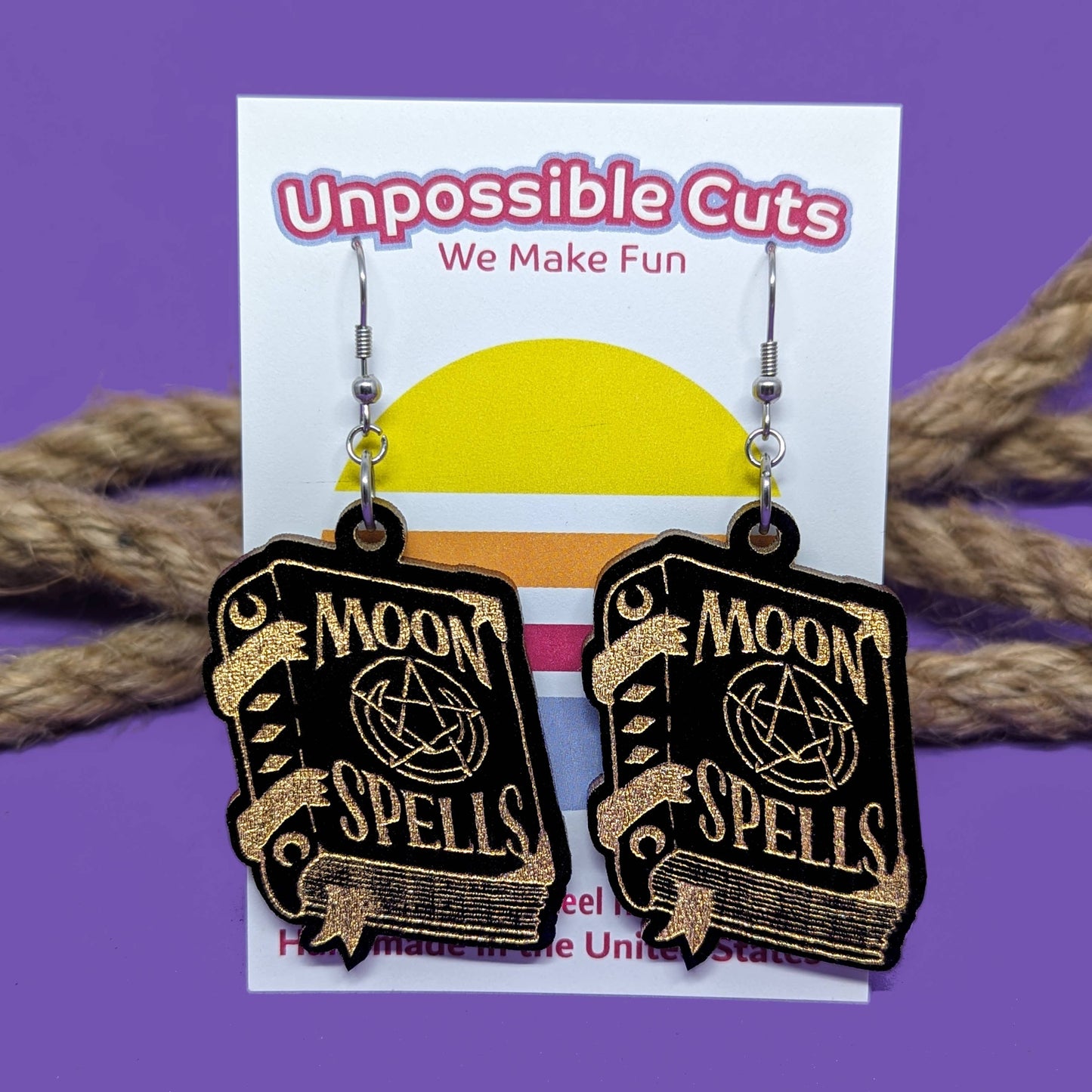 Witchy Wooden Spell Book Dangle Earrings