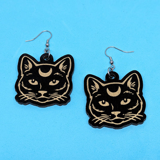 Wooden Moon Kitty Dangle Earrings