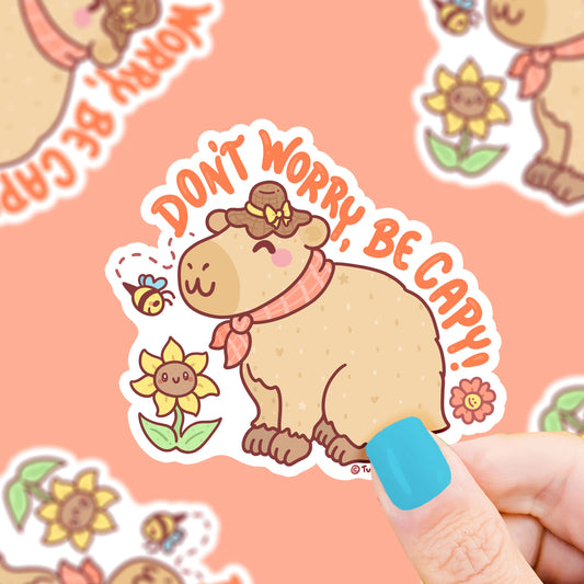 "Don't Worry Be Capy" Capybara With Flower Vinyl Sticker